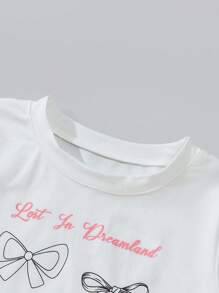 Denimly 年轻女孩休闲都市可爱学院风 2 件套：白色短袖蝴蝶结图案 T 恤和宽腿高腰可调节抽绳牛仔裤 - 白色 - 查看 6