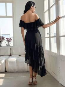 Modelyn 女式超长休闲露肩简约连衣裙，日常穿着 - 黑色 - 查看 2