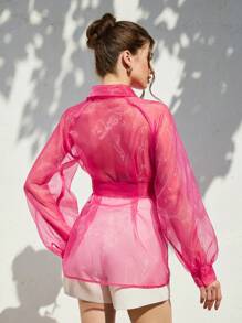 Chiquease Áo cánh tay bồng bằng vải organza mỏng gợi cảm cổ điển thanh lịch có eo thắt nơ, màu hồng - Màu Hồng Tươi - Xem 2