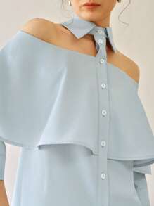 Uhlyne Uhlyne Blusa elegante e casual da donna, con spalle scoperte, collo alla coreana e maniche a meta - Blu - Visualizzare 4
