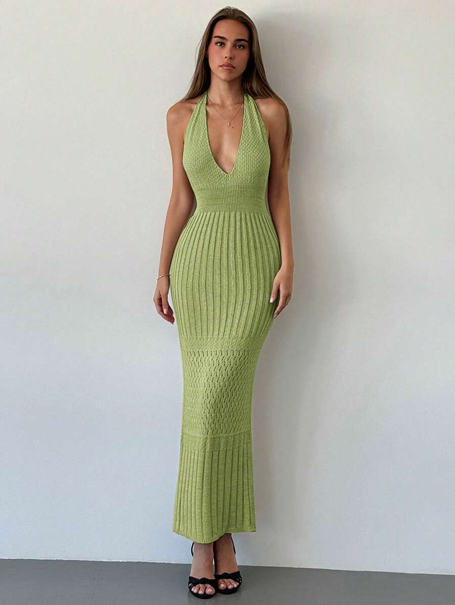 Aloruh New Crochet Deep V Sexy Backless Vacation/Casual/Party Versatile Knit Dress - Green - View 1