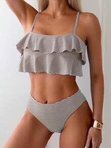 Swim Mod Women's Summer Beach Striped Ruffle Sexy Bikini Set - Brown - View 5