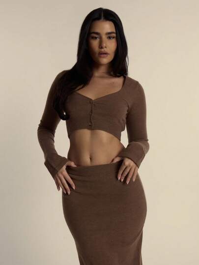 MUSERA Jersey de manga larga con cuello de corazón y abotonadura