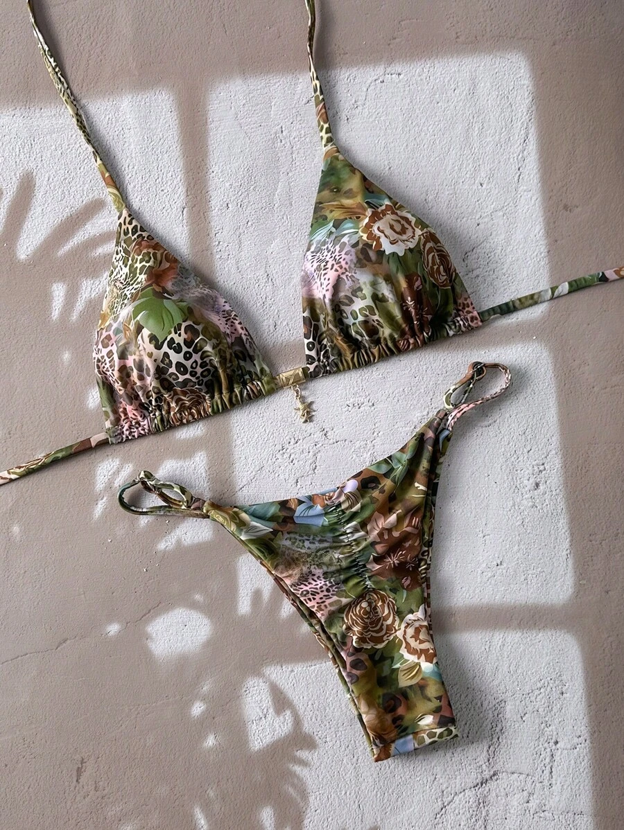 Swim Vcay Women Animal Print Splice Random Starfish Metal Pendant Spaghetti Strap Sexy Bikini Swimwear Set, Summer Beachwear