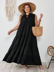 SHEIN CURVE+ Vestido largo talla grande con cuello de corbata, bajo con volantes y mangas acampanadas, estilo bohemio para vacaciones