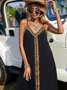 SHEIN LUNE 女士拼布缎带长款休闲吊带连衣裙