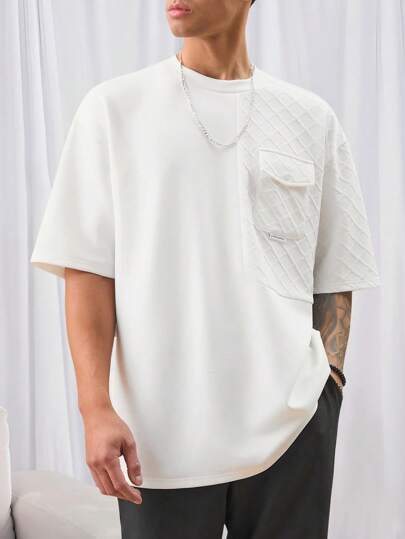 Manfinity VCAY 男女款休闲针织纽扣装饰宽松落肩圆领短袖纯色 T 恤，适合日常穿着