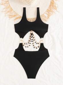 Swim SXY Springbreak Women Sexy Backless One-Piece Teardrop Pendant Chain Swimsuit, Summer Beach Vacation - Black - View 5