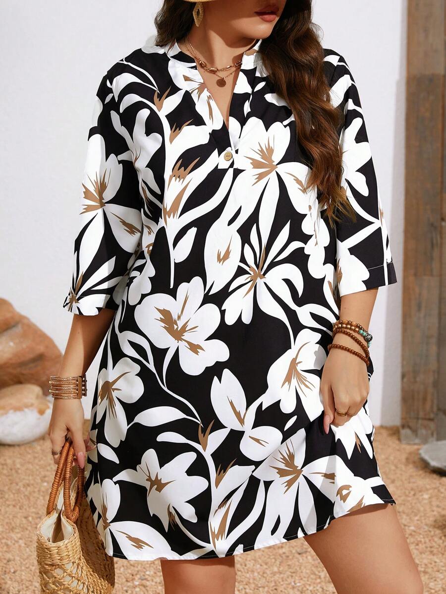 EMERY ROSE 大码女式花卉印花 V 领短袖 A 字中长休闲连衣裙