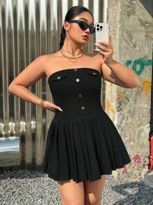 CovetEZ Plus Size Black Elastic Jumper Dress For Spring/Summer - Black - View 3