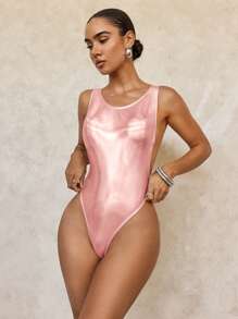 1pc Women's Metallic Low Back One-Piece Swimsuit For Summer Beach Vacation - Pink - View 4