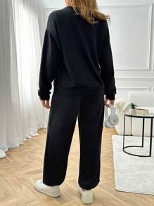 EURMUSE Women Solid Color Two Pieces Sweatshirts And Sweatpants Sets - Black - View 2