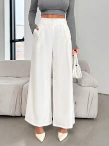 EURMUSE WOMEN TALL BELTED DETAILED WIDE LEG PANTS - White - View 1