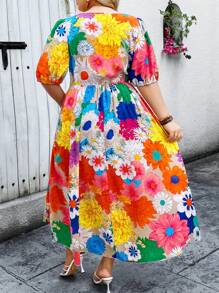 Breezaya Vestido de mujer talla grande con estilo bohemio, cintura ceñida, falda en línea A, mangas abullonadas y cuello redondo con estampado floral