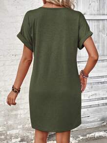 EMERY ROSE Women Simple Plain Front Button Batwing Sleeve Short Casual Dress - Army Green - View 2