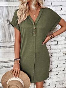 EMERY ROSE Women Simple Plain Front Button Batwing Sleeve Short Casual Dress - Army Green - View 5