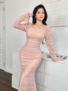 Modelyn Off Shoulder Jacquard Knit Ruched Flare Sleeve Fish Tail Hem Long Dress For Women - Pink - View 6