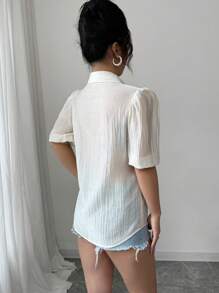 Elenzga Blusa de botones con mangas abombadas y diseño floral 3D elegante y de moda para mujer, ropa de resort para mujer