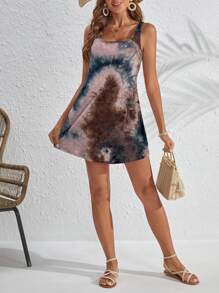 SHEIN LUNE فستان قصير كاجوال بحزام واسع مصبوغ بطريقة الربط والصبغ - متعدد الألوان - مشاهدة 3