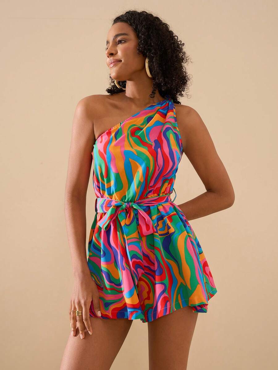 Travachic 度假雪纺花卉印花宽松单肩女式连体裤，女士夏季服装，女士沙滩装，女士西装，春假，女士音乐会服装，波西米亚风，狂欢服装，热带度假 - 彩色 - 查看 1