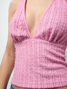 Maija Top elegante de tirantes con cuello halter y espalda anudada en tela texturizada rosa, para otoño/invierno, Día de San Valentín, festivales
