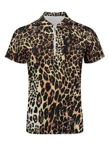 SHEIN Manfinity Dauomo Leopard Print Short Sleeve Men's Polo Shirt - Brown - View 4