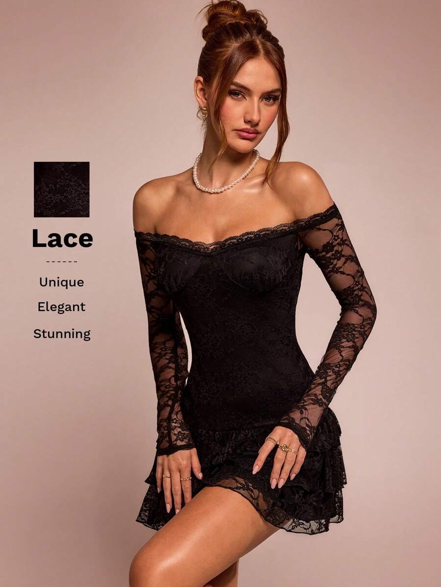 SHEIN BAE 女士露肩蕾丝荷叶边修身迷你连衣裙 - 黑色 - 查看 1