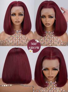 Peluca de cabello humano con frente de encaje transparente color borgoña, 180% de densidad, rojo 99J, cabello liso, frontal de encaje 13x4, para mujeres, estilo bob corto