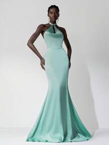SHEIN Belle Elegant Mint Green Satin Plunging Neck Rhinestone Decor Cut-Out Halter Backless Bowknot Wedding Guest/Bridesmaid Dress - Mint Green - View 7
