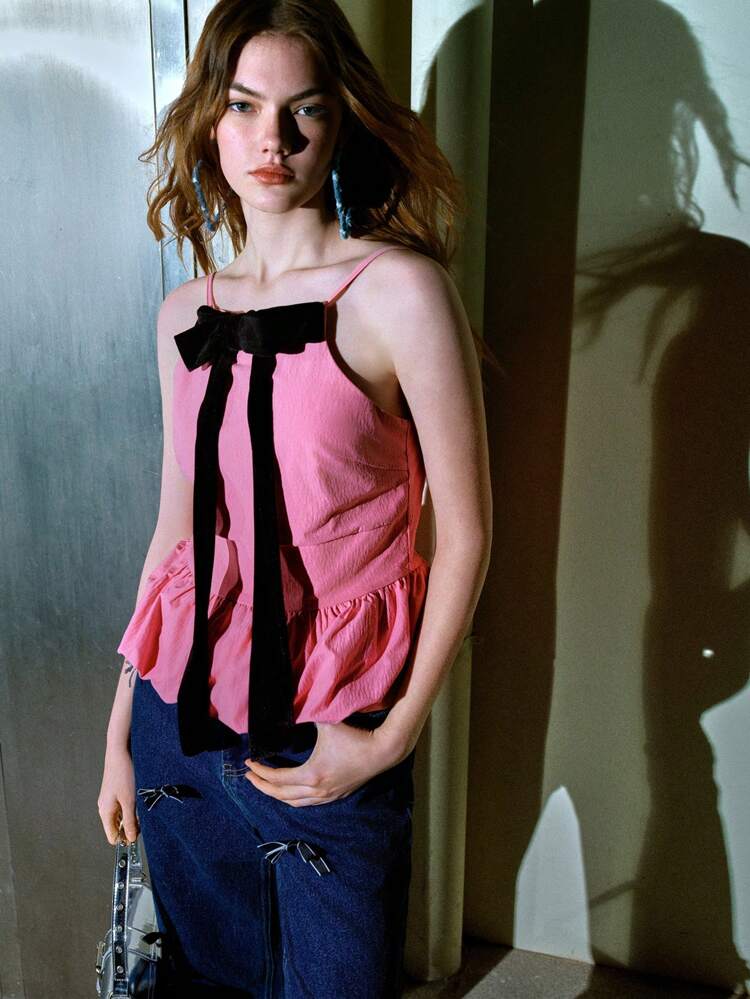 MOTF STUDIO BOW DECOR PUFFBALL HEM CAMI TOP
