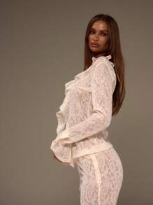 MUSERA Hook And Eye Lace Ruffle Long Sleeve Top Western Fall Autum Winter Bridal Wedding Hen Do Bachlorette - Cream - View 2