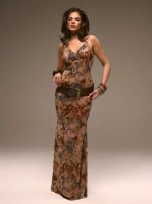 MUSERA Cowl Neck Floral Printed Chiffon Maxi Dress Western Winter Evening - Multicolor - View 2