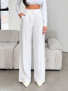 EURMUSE WOMEN TALL STRIPED BUTTON DETAILED CASUAL PANTS - White - View 3