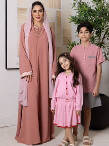 Al Najma Túnica elegante con cuello vuelto y empalme jacquard 2 en 1 + Vestido largo tradicional árabe modesto tipo kaftan - Rosa - Ver 3