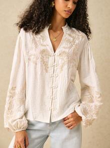 Poéselle 女士休闲度假花卉刺绣缺口领衬衫 - 白色 - 查看 4