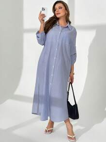 SHEIN Essnce Vestido azul y blanco de manga larga con mangas mixtas para mujeres de talla grande, para el estilo de negocios casuales, elegantes, de primavera, de vacaciones, de festival, de estilo old money, de moda casual para ir al trabajo