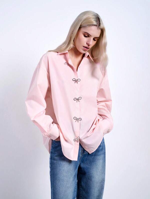 Maija Women's Romantic Elegant Pink Button Up Shirt With Bowknot & Rhinestone Decoration, Suitable For 4th Of July, São João, Graduation, Holidays, Valentine's Day Events, Spring/Summer,Going Out Tops Women