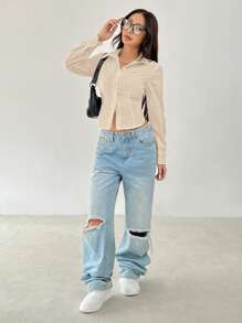 SHEIN PETITE 基本款休闲长袖收腰衬衫