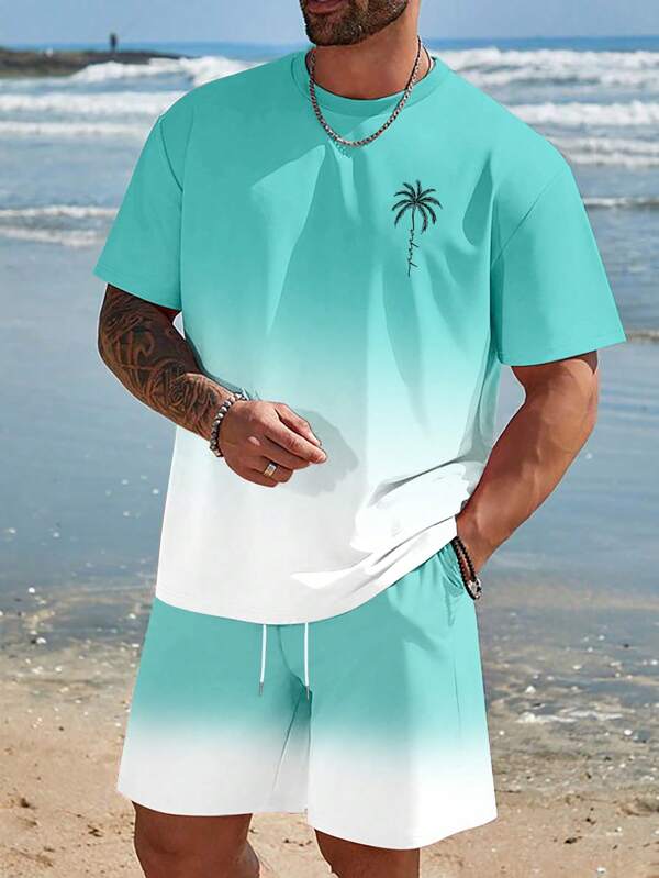 Manfinity RSRT 2pcs Men's Vacation Casual Ombre Coconut Tree Print T-Shirt And Shorts Set Beach Vacation Outfits Men 2 Pieces Set Summer Men
