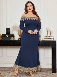 Modelyn Plus Size Elegant Party Lace Trim Off Shoulder Fishtail Dress