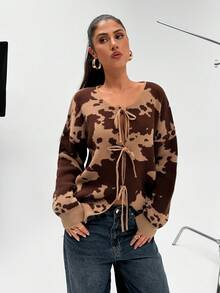 CasuGlow Mit Camouflage Muster & Tie-Front Cardigan, Streetwear Old Money Minimalist Look Winter & Back To School,Cardigans For Women,Long Cardigans Woman,Petite Cardigans,Cardigans - Camel - View 3