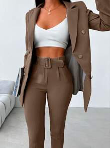 EURMUSE Women's Solid Color Blazer And Pants Suit Set, Simple Fashion Casual Daily Wear - Mocha Brown - View 4