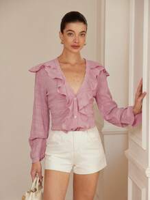 Aveloria Rosie French Elegant Ruffle V-Neck Bishop Sleeve Loose Textured Blouse For Women, Pink Long Sleeve Style Fall Cloth For Women