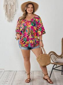 SHEIN CURVE+ 大码 V 领热带花卉印花荷叶边袖宽松衬衫，适合度假穿着
