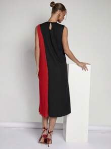 COSMINA Black & Red Contrast Color Midi Dress, Elegant Occasion Wear, Western Wear For Women, Petite Size, Sexy, Extra Long, Summer Outfits For Women - Multicolor - View 2