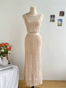SHEIN Tall Women's Holiday Knitted Imitation Crochet Vest Slit Skirt Suit, Music Festival, Music Festival Wear, Bohemian