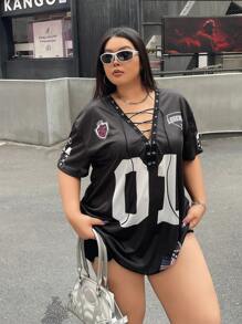 SHEIN EZwear Camiseta negra de corte holgado con cordón y pompones, talla grande