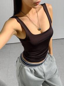 Flirla Women Casual Versatile Solid Color Ruched Slim Fit Camisole - Coffee Brown - View 7