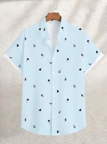 Manfinity RSRT Modisch lässiger Urlaubsstil Silhouetten-Muster Knopfleiste Kurzarm Slim Fit Hemd für Herren, Große Größen, ideal für Urlaub, Ausflüge, Dates und als Geschenk für den Freund