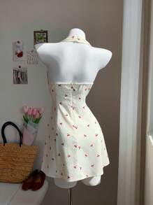 Comfortcana 女士樱桃印花蝴蝶结装饰无袖迷你连衣裙 - 白色 - 查看 2